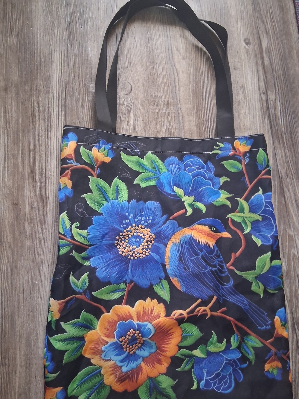 Black Floral & Blue Bird Canvas Tote Bag - Picture 2 of 2